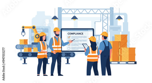 Industrial Compliance & Quality Control: Factory Team Reviews Production Checklist, Ensuring Safety & Standards in Manufacturing with Robotic Arm & Conveyor Belt