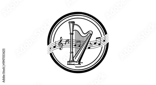 Harp with music notes logo symbol.