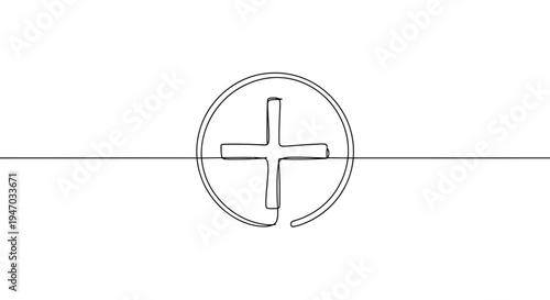 Minimalist Plus Sign in Circle, Continuous Line Art, Simple Abstract Symbol