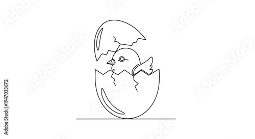 Cute Chick Hatching From Egg, Single Line Drawing