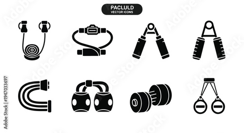 Set of 8 black glyph vector icons depicting various fitness and gym equipment, including resistance bands, hand grippers, and dumbbells, ideal for workout apps, websites