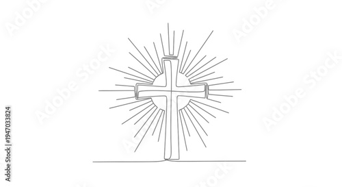 Christian Cross with Radiant Rays, Single Line Drawing