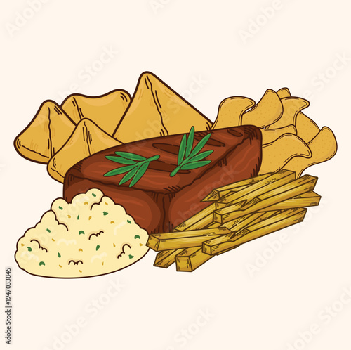 Beef steak french fries potato chips mashed potatoes boiled potatoes illustration of beef steak