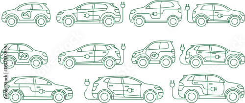 Electric car charging line icons set featuring modern EV vehicles with plug connectors, eco friendly transportation concept, green energy mobility outline vector collection