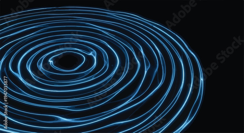 Abstract blue light trails forming concentric wavy circles on a dark background, representing sound waves, energy, or digital data flow for modern technology and science designs