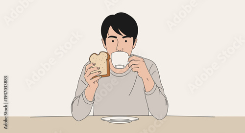 Man eating toast and drinking coffee.