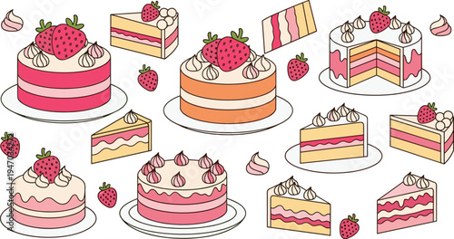 Strawberry cake and slice vector set with layered cream desserts, sweet bakery pastry collection for birthday celebration, cafe menu food illustration