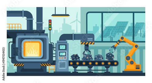 Industrial Energy Production and Automation: Raw Material Processing by Robotic Arm and Furnace, with Renewable Energy Integration