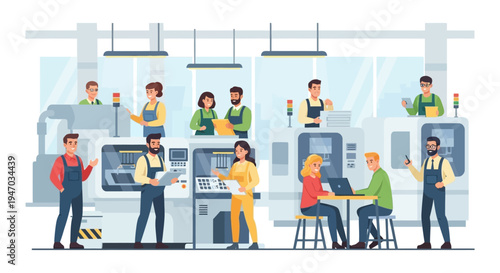 Modern Manufacturing Facility with Diverse Team Operating Advanced Machinery and Collaborating on Production Tasks
