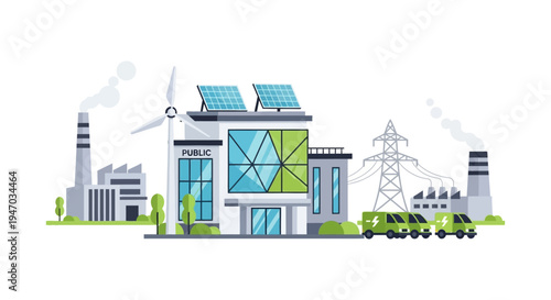 Sustainable Energy Transition: Public Building with Solar & Wind, Electric Vehicles, Contrasting Industrial Pollution
