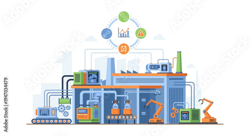 Smart Factory Automation & Industry 4.0: Modern Production Line with Data Monitoring and Robotic Systems