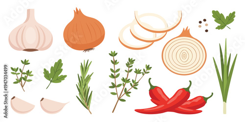 Onion Herbs Flat 2D Illustration Set – Cooking Ingredient Vector, Isolated Transparent Background