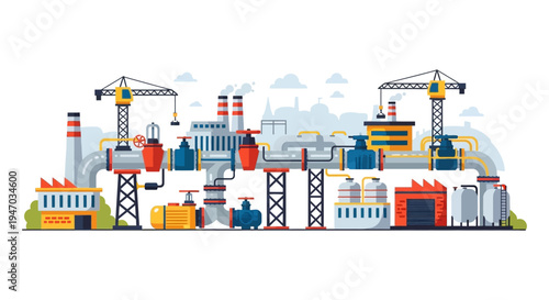 Modern Flat Design Industrial Plant Illustration. Vector of a Manufacturing Factory with Pipelines, Cranes, Storage Tanks, and Production Facilities.