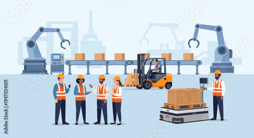 Smart Factory Automation: Diverse Team, Robots, Forklift, and AGV Optimize Modern Manufacturing & Logistics