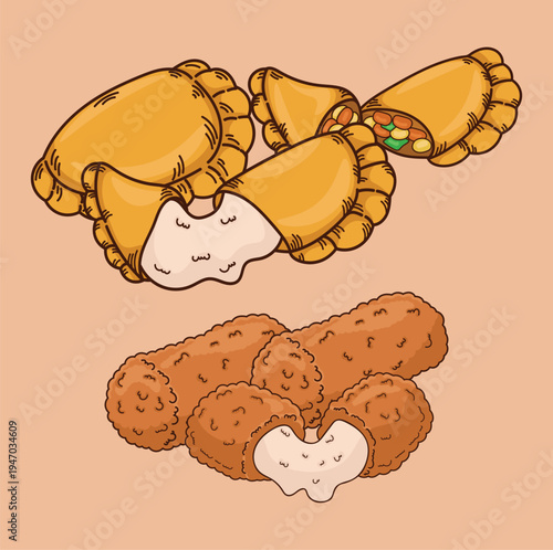 Illustration of fried food empanadas corned mozzarella cheese meat filling street food snacks