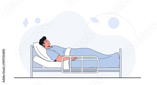 Patient Lying in Hospital Bed with Safety Rail, Medical Care Illustration