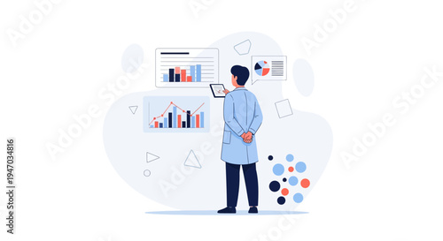 Scientist analyzing data charts on tablet, modern analytics, scientific research concept