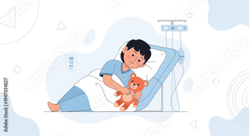 Sick child in hospital bed hugging teddy bear, receiving medical care