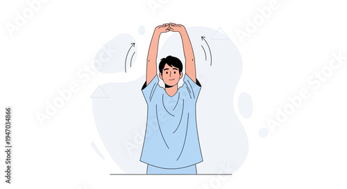 Man stretching arms overhead, healthy lifestyle, exercise, wellness, flat design