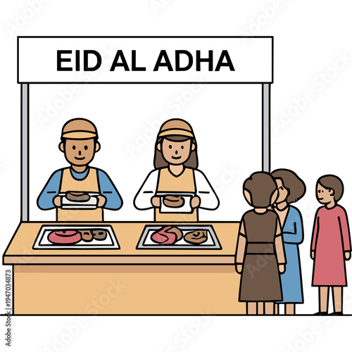 People stand in line at a food stall marked Eid Al Adha.