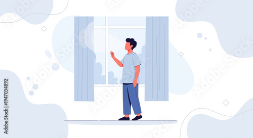 Man Waving Hello Through Window, Open Curtains, Sunny Day, Modern Illustration