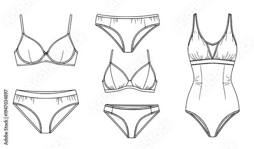 Women Lingerie Set Fashion Illustration Collection with Bra Panties and One Piece Bodysuit Isolated Vector for Underwear Design, Intimate Apparel Catalog, and Clothing Templates