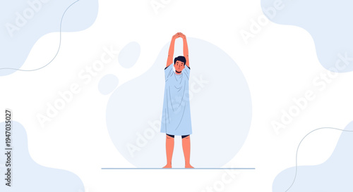 Man in hospital gown stretching arms overhead, symbolizing recovery and well-being