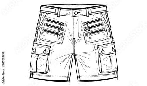 Men Cargo Shorts Technical Fashion Illustration with Multiple Zipper and Flap Pockets Isolated Vector Design for Clothing Catalog, Utility Apparel Templates, and Garment Mockups