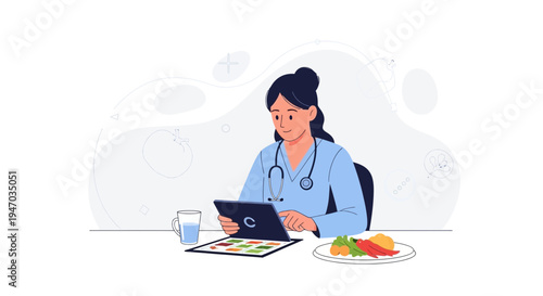 Doctor using tablet computer, healthy food on plate, medical concept