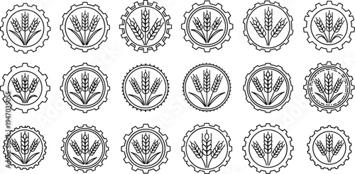 Wheat gear icons set representing agriculture industry, farming production and grain processing technology symbols, outline vector collection for agro business and food production