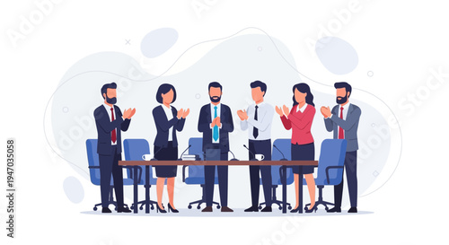 Business team applauding in a meeting room, celebrating success, teamwork, achievement