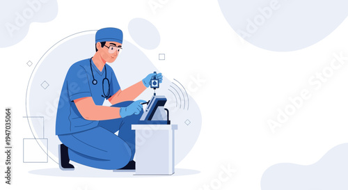 Doctor in blue uniform operating medical equipment with stethoscope in clinic