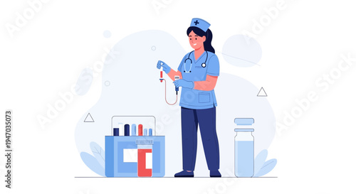 Nurse performing blood test, medical equipment, healthcare concept illustration