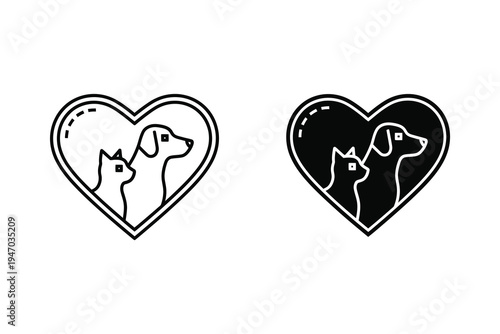 Dog and cat silhouette within heart shape, symbol for pet love, animal care, and companionship