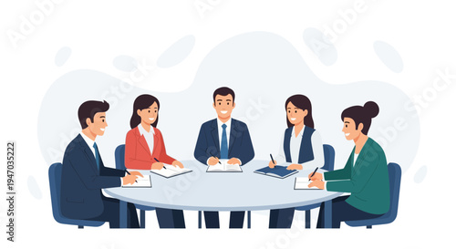 Business meeting around a table with diverse professionals discussing strategy and planning.