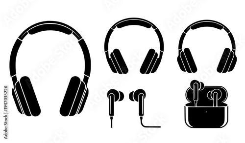 Headphones and Earbuds Audio Device Icon Set with Over Ear Headsets Wired Earphones and Wireless Charging Case Isolated Vector for Music and Technology Design