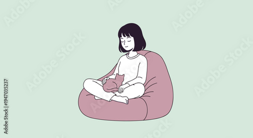 Woman sitting on bean bag chair.