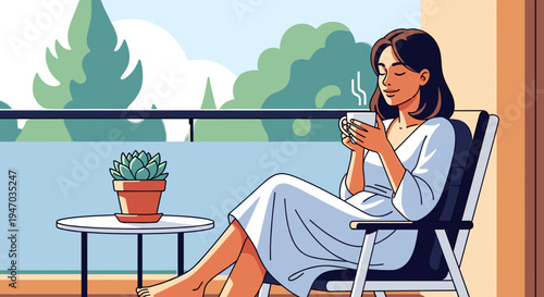 Woman sitting on balcony with coffee.