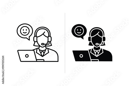 Customer Service Agent Icon with Headset and Laptop - Happy Support