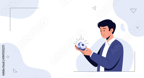 Man holding a glowing crystal ball, symbolizing innovation and future vision