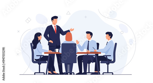 Business meeting with diverse team discussing strategy around a table, leader presenting ideas.