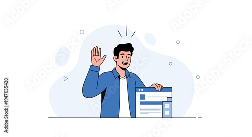 Man waving hello next to a computer screen, online communication concept