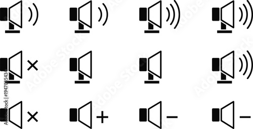 Speaker volume control icons set including sound on, mute, increase and decrease symbols for audio settings, multimedia interface outline vector collection