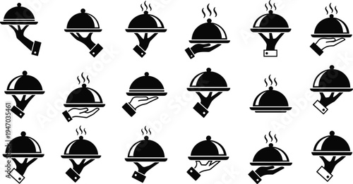 Food serving tray icons set with waiter hands holding cloche covers, restaurant catering service symbols, hospitality dining platter silhouette vector collection