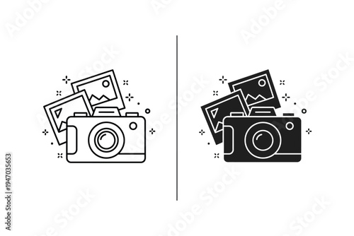 Vintage Camera and Photos Icon: Photography Memories in Outline and Silhouette