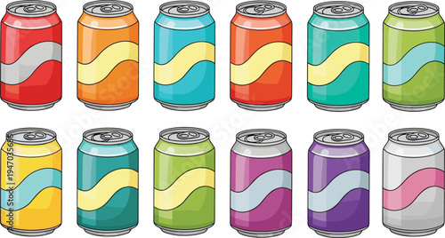 Colorful soda can vector set with aluminum beverage cans in different flavors, soft drink packaging collection for cola, sparkling drinks and refreshment branding