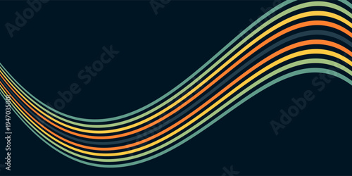 Abstract colorful 70s background vector. Vintage retro wallpaper with rainbow stripes and wavy lines. A 1970 color illustration suitable for posters, banners, decorative items and wall art.