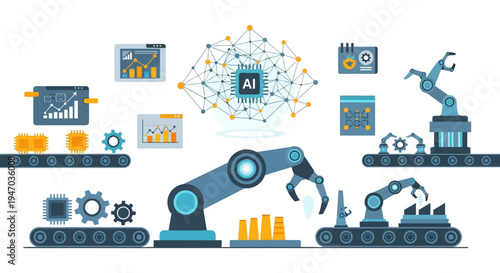 AI Powered Industrial Automation: Robotics, Smart Manufacturing, Data Analysis, and Chip Production in an Advanced Factory Environment