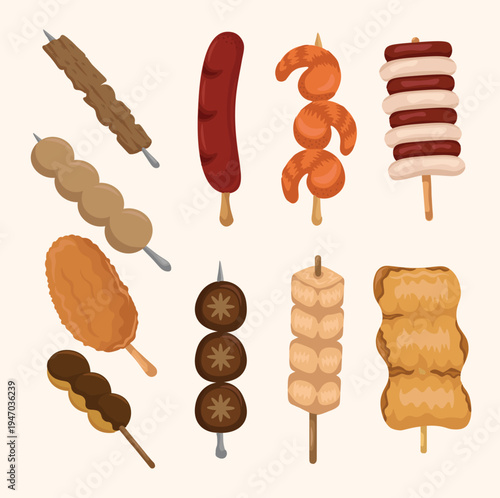 Illustration of some satay sausage meatball meat shrimp and mushroom spicy fast food fried