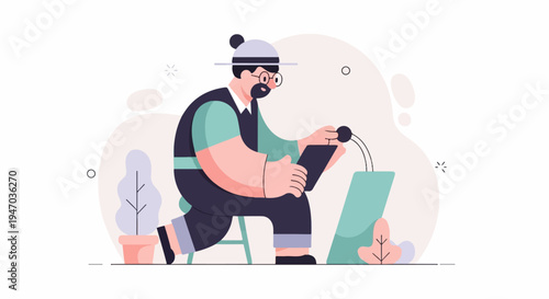 A man with a hat watering a plant while holding a tablet